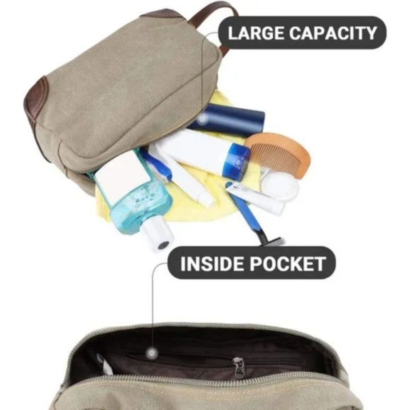 New MEN'S Toiletry Bag, Leather and Canvas Travel Toiletry Bag, Light Gray - Picture 4 of 7